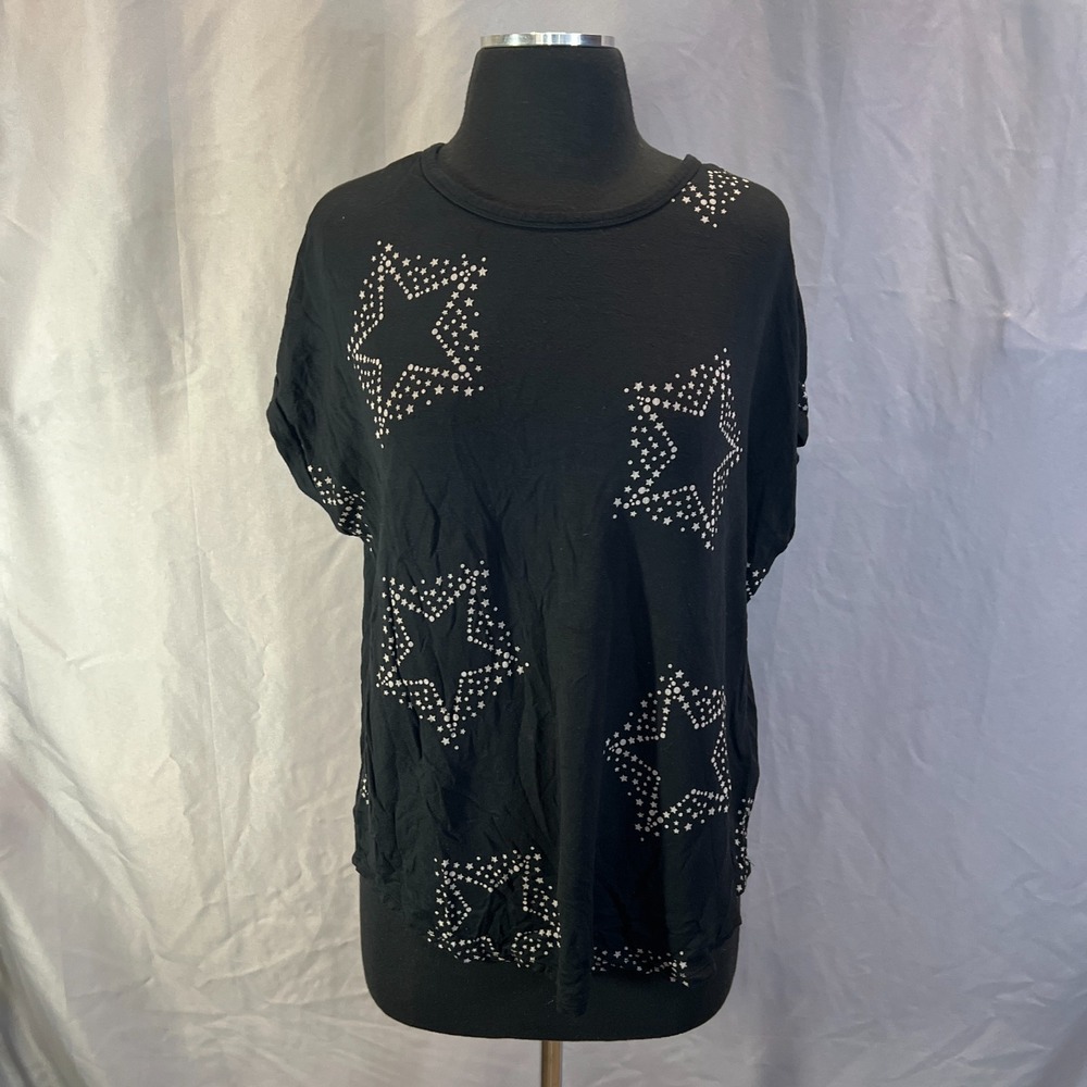 Buffalo David Bitton Blouse Top Womens Medium Black White Star Front Round Neck